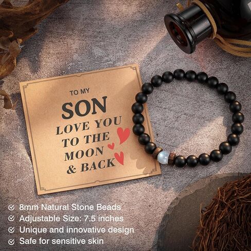 سوار من الحجر الطبيعي من Seyaa مع خرز العقيق الأسود وحجر القمر هدايا للرجال والزوج والرجل والأب والابن - هدية الذكرى السنوية للتخرج وعيد الميلاد وعيد الأب وعيد الميلاد له in Kuwait