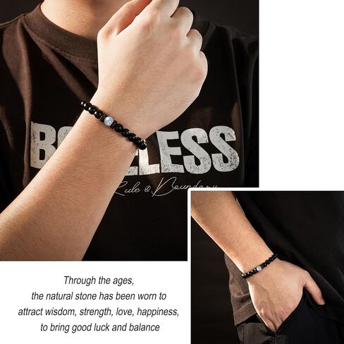 سوار من الحجر الطبيعي من Seyaa مع خرز العقيق الأسود وحجر القمر هدايا للرجال والزوج والرجل والأب والابن - هدية الذكرى السنوية للتخرج وعيد الميلاد وعيد الأب وعيد الميلاد له in Kuwait