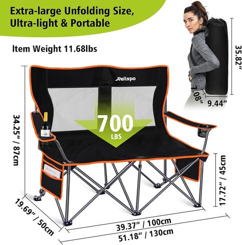 Camping Chairs Oversized Camping Chair Portable Lawn Chair Double Camping Chair for Adults Heavy Duty Folding Chair Support 700LBS with Big Side Organizer Pockets for Camping/Car Trunk/Beach/Campfires in Saudi Arabia