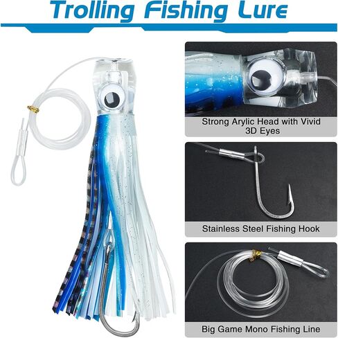 Saltwater Trolling Lure 8.8inch/6inch Fishing Soft Octopus Skirts Bait Big Game Shark Hooks Marlin Lure Tuna Mahi Dolphin Durado Wahoo Rigged Trolling Lure in Kuwait