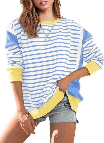 Yousify Oversized Sweatshirts for Women Loose Fit Crewneck Striped Color Block Long Sleeve Tops S-2XL in Saudi Arabia