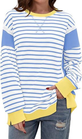 Yousify Oversized Sweatshirts for Women Loose Fit Crewneck Striped Color Block Long Sleeve Tops S-2XL in Saudi Arabia