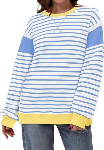 Yousify Oversized Sweatshirts for Women Loose Fit Crewneck Striped Color Block Long Sleeve Tops S-2XL in Saudi Arabia