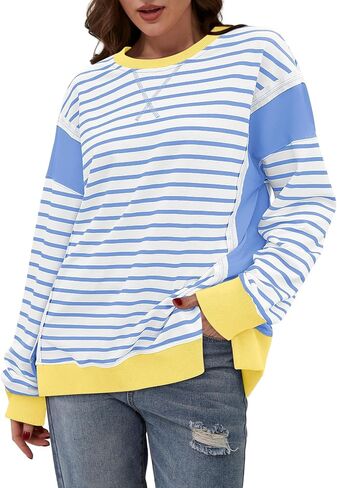 Yousify Oversized Sweatshirts for Women Loose Fit Crewneck Striped Color Block Long Sleeve Tops S-2XL in Saudi Arabia