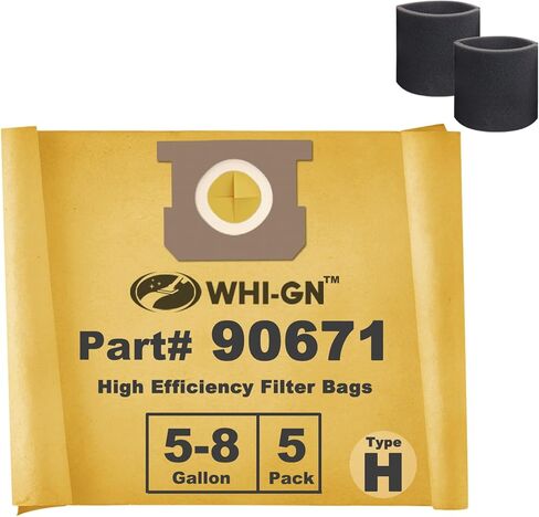 5 Pack Shop Vac Bags 10-14 Gallon - 90672 Type I Double Layer High Efficiency Vacuum Filter Bags 9067200 9067233 VF2005 + 2 Pack Foam Sleeve filter for Most Branded Wet/Dry Vacs in Saudi Arabia