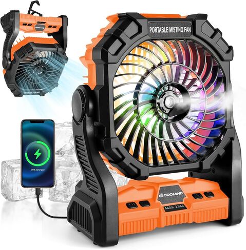 Odoland 20000mAh Camping Fan, Portable Misting Fan with RGB Light, Battery Operated Rechargeable Mister Tent Fan with Hook & 250mL Water Tank, Cooling Mist Fans for Outdoor Beach Patios RV Car Summer in Saudi Arabia