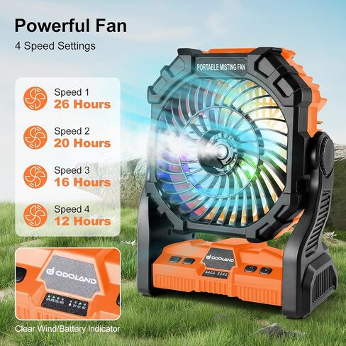 Odoland 20000mAh Camping Fan, Portable Misting Fan with RGB Light, Battery Operated Rechargeable Mister Tent Fan with Hook & 250mL Water Tank, Cooling Mist Fans for Outdoor Beach Patios RV Car Summer in Saudi Arabia