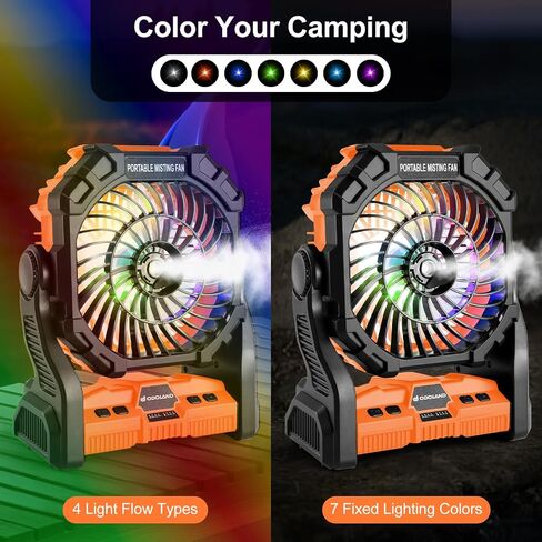 Odoland 20000mAh Camping Fan, Portable Misting Fan with RGB Light, Battery Operated Rechargeable Mister Tent Fan with Hook & 250mL Water Tank, Cooling Mist Fans for Outdoor Beach Patios RV Car Summer in Saudi Arabia