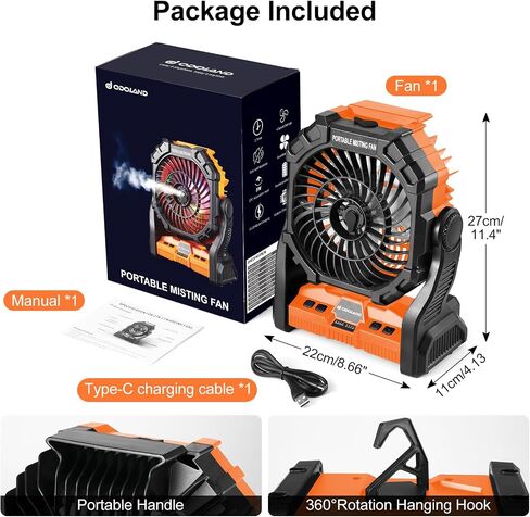 Odoland 20000mAh Camping Fan, Portable Misting Fan with RGB Light, Battery Operated Rechargeable Mister Tent Fan with Hook & 250mL Water Tank, Cooling Mist Fans for Outdoor Beach Patios RV Car Summer in Saudi Arabia