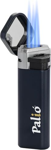 Palió Treo Triple Jet Flame Butane Torch Lighter for Cigars, Navy Blue | Wind Resistant, Oversized Refillable Fuel Tank, Adjustable Flame, Easy Push Ignition, Flip-Top Lid, High Altitude Tested in Saudi Arabia