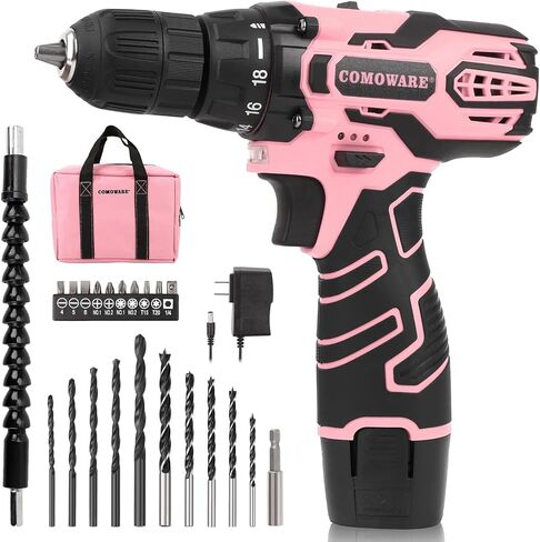 COMOWARE 12V Pink Cordless Drill Driver and Home Tool Kit, Pink Drill Set for Women, Lady's Home Repairing Tool Kit with Power Drill, Large-Capacity Tool Storage Bag Included in Saudi Arabia