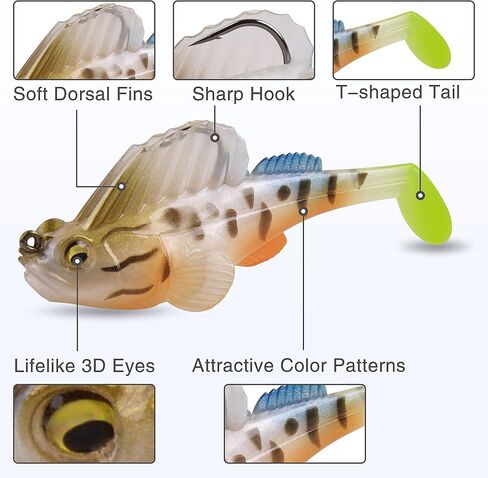 طُعم صيد السمك من OROOTL لباس السباحة المجهزة مسبقًا بدون أعشاب من البلاستيك الناعم ورؤوس تهزهز وذيل السباحة لسمك السلمون المرقط بايك والي وصيد الأسماك في المياه العذبة والمياه المالحة in Kuwait