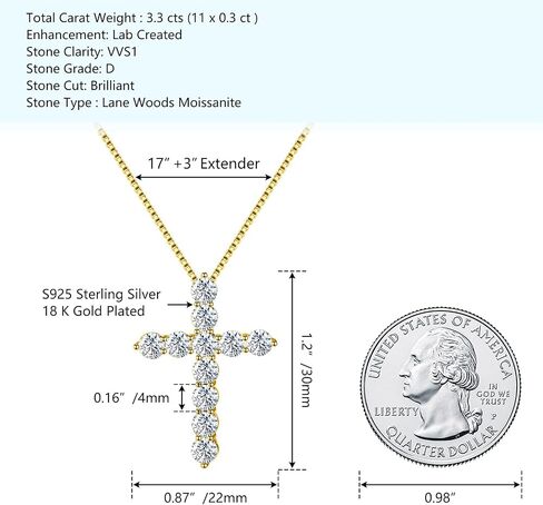 Diamond Moissanite Cross Chain Pendant: GRA Certificate D-F Color Vvs1 Clarity Diamond-Like Effect Sterling Silver 14k White Gold Cross Necklace 18+3 Inch Chain Extender For Men Women Mother's Day Valentine'Day Jewelry Gifts 3 Carats in Saudi Arabia