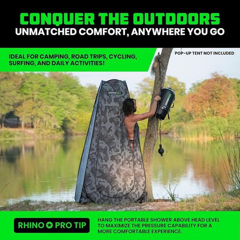 دش التخييم الشمسي المحمول سعة 5 جالون / 20 لتر من Rhino USA - ضروري للتخييم والمهرجانات والهبوط البري ورحلات الشاطئ والاستحمام في الهواء الطلق والمزيد! in Kuwait