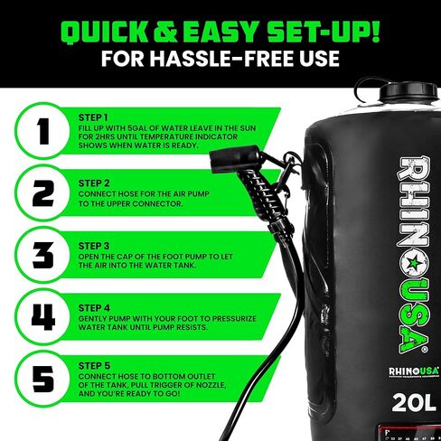 دش التخييم الشمسي المحمول سعة 5 جالون / 20 لتر من Rhino USA - ضروري للتخييم والمهرجانات والهبوط البري ورحلات الشاطئ والاستحمام في الهواء الطلق والمزيد! in Kuwait