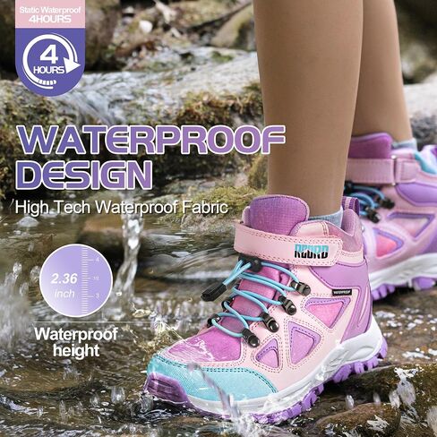 R CORD Kids Hiking Boots Drawstring Closure Girls Hiking Boots Waterproof Durable TPR Traction Outsole Anti-Skid Athletic Outdoor Boots in Kuwait
