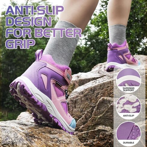 R CORD Kids Hiking Boots Drawstring Closure Girls Hiking Boots Waterproof Durable TPR Traction Outsole Anti-Skid Athletic Outdoor Boots in Kuwait