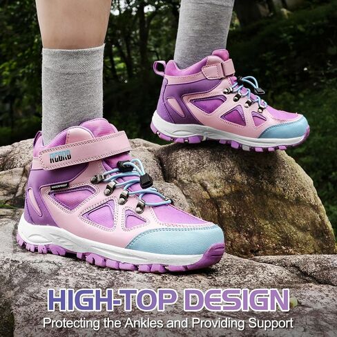 R CORD Kids Hiking Boots Drawstring Closure Girls Hiking Boots Waterproof Durable TPR Traction Outsole Anti-Skid Athletic Outdoor Boots in Kuwait