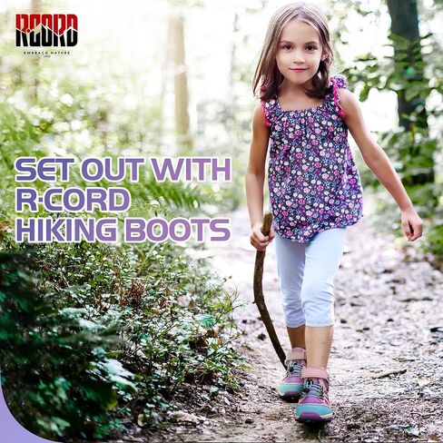 R CORD Kids Hiking Boots Drawstring Closure Girls Hiking Boots Waterproof Durable TPR Traction Outsole Anti-Skid Athletic Outdoor Boots in Kuwait