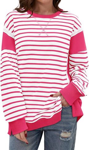 Yousify Oversized Sweatshirts for Women Loose Fit Crewneck Striped Color Block Long Sleeve Tops S-2XL in Saudi Arabia