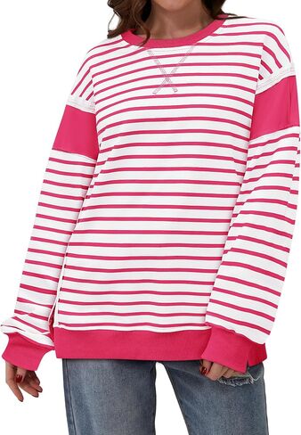 Yousify Oversized Sweatshirts for Women Loose Fit Crewneck Striped Color Block Long Sleeve Tops S-2XL in Saudi Arabia