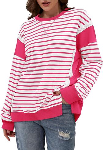 Yousify Oversized Sweatshirts for Women Loose Fit Crewneck Striped Color Block Long Sleeve Tops S-2XL in Saudi Arabia