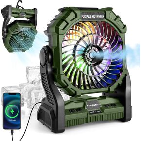 Odoland 20000mAh Camping Fan, Portable Misting Fan with RGB Light, Battery Operated Rechargeable Mister Tent Fan with Hook & 250mL Water Tank, Cooling Mist Fans for Outdoor Beach Patios RV Car Summer