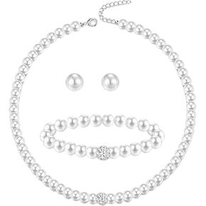 la luen Pearl Bride Wedding Jewelry Set Faux Pearls Crystal Rhinestone Necklace Earrings Bracelet Sets for Women Bridesmaid Wedding Parties Dates Everyday Wear (3 PCS)