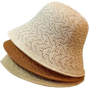 Womens Crochet Bucket Hats, 3 Pack Foldable Packable Knitted Sun Hat with Full Lining, Both Side Wearable, Woven Linen Straw Fishing Beach Hat