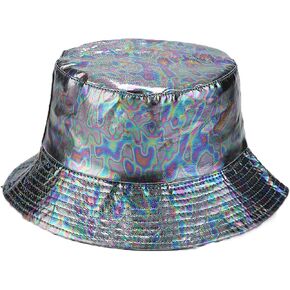 Metallic Bucket Hat for Women Holographic Bucket Cap Packable Outdoor Travel Sunhat Unisex Fisherman Cap