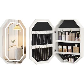VECELO LED Jewelry Cabinet, Wall/Door-Mounted Jewelry Organizer with Frameless Lighted Mirror, Storage Hanging Cabinet, USB Charging, 22.4 * 14.6 * 3.9 in, White