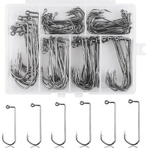 100pcs Fishing Jig Hooks Kit,90 Degree Barbarian Jig Hooks Round Bend High Carbon Steel Aberdeen Jig Hooks Saltwater Fishing Jig Hooks Kit 1/0-6/0