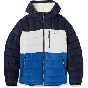 Tommy Hilfiger Men's Midweight Sherpa Lined Hooded Water Resistant Puffer Jacket, Pearlized Navy, Large