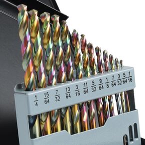 Lichamp M2 Drill Bits Set, 21pcs 1/16" to 3/8" HSS Bit for Hard Metal, Colorful Ti-Plated Finish, Hardened Stainless Steel and Cast Iron with Indexed Storage Case