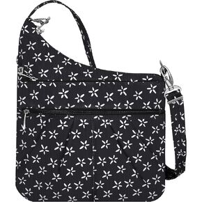 Travelon Anti-Theft Signature 3 Compartment Crossbody, Straight Pocket (A B/W SMALL FLOWER PRINT)
