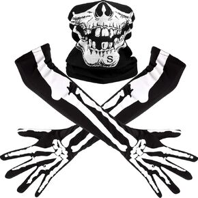 Tatuo White Skeleton Long Gloves and Skull Face Mask Half Ghost Bones Cosplay Costumes for Adult Halloween Dance Costume Party (2 Sets, Style A)