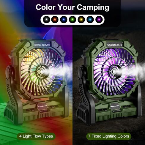 Odoland 20000mAh Camping Fan, Portable Misting Fan with RGB Light, Battery Operated Rechargeable Mister Tent Fan with Hook & 250mL Water Tank, Cooling Mist Fans for Outdoor Beach Patios RV Car Summer in Saudi Arabia