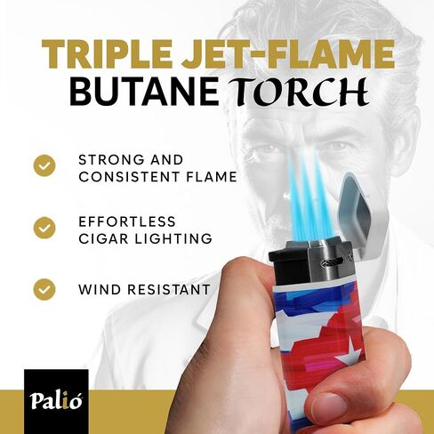 Palió Treo Triple Jet Flame Butane Torch Lighter for Cigars, Navy Blue | Wind Resistant, Oversized Refillable Fuel Tank, Adjustable Flame, Easy Push Ignition, Flip-Top Lid, High Altitude Tested in Saudi Arabia