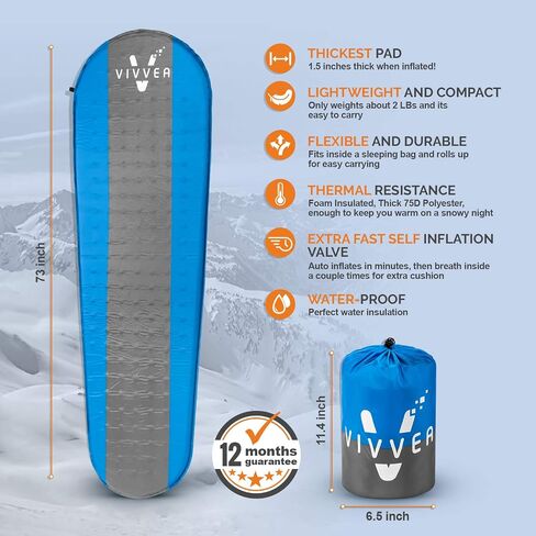 Self Inflating Lighweight Sleeping Pad - Compact, Thick and Durable -Ideal for Outdoor Camping, Hiking and Backpacking -Self-Inflating Sleep Pad is Sleeping Bags. No Air Leakage in Saudi Arabia
