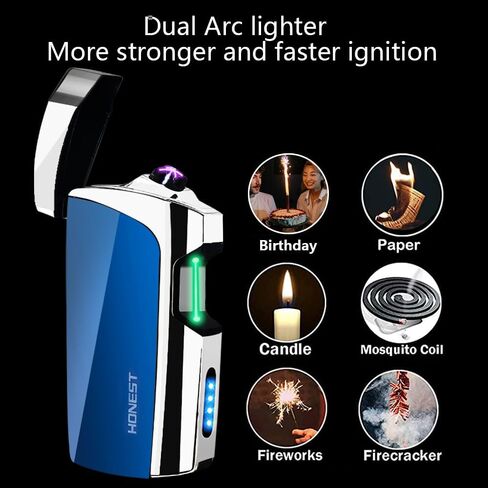 ولاعة كهربائية قابلة لإعادة الشحن عبر USB، ولاعة بلازما عديمة اللهب للتخييم، ولاعة كهربائية مقاومة للرياح بقوس مزدوج مع مؤشر بطارية LED للشمعة (أزرق) in Kuwait