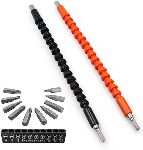 2 Pack Flexible Drill Bit Extension with 10 Drill Bit Sets, YTFGGY 11.8 inch Magnetic Hex Soft Shaft, Flexible Screwdriver Extension for Connect Drive Shaft Tip Drill Bit Kit Adaptor (Black) in Kuwait