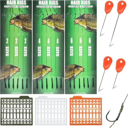 25pcs Carp Fishing Hair Rigs - Include Curved Barbed Carp Hook Anti-Tangle Swivel Braided Thread line, Card Boilie Bait Stops Dumbell Stoppers, Bait Needle Tool Carp Fishing Leader Rigging in Saudi Arabia