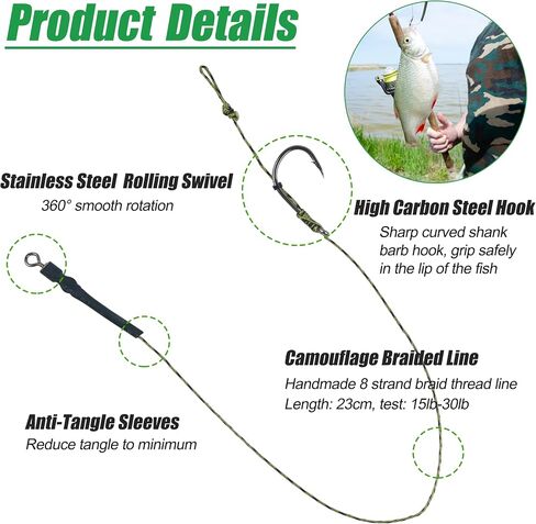 25pcs Carp Fishing Hair Rigs - Include Curved Barbed Carp Hook Anti-Tangle Swivel Braided Thread line, Card Boilie Bait Stops Dumbell Stoppers, Bait Needle Tool Carp Fishing Leader Rigging in Saudi Arabia