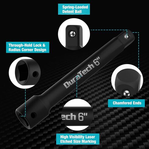 DURATECH 5-Piece Socket Adapters and Extension Bar Set - with 1/4-Inch Hex Shank - 1/4" 3/8" 1/2" Extension Adapter for Impact Drivers/Drills, Premium Cr-V Steel with Black Phosphate Finish in Saudi Arabia