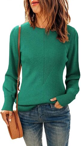 Dokotoo Womens Ribbed Knit Long Lantern Sleeves Sweater Crewneck Casual Slim Fit Pullover Jumper Tops in Kuwait