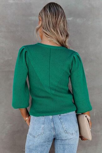 Dokotoo Womens Ribbed Knit Long Lantern Sleeves Sweater Crewneck Casual Slim Fit Pullover Jumper Tops in Kuwait