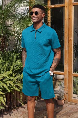 Aulemen Mens 2 Piece Zip Tracksuit Short Sleeve Print Polo Shirt and Shorts Sets Summer Outfits for Men in Kuwait