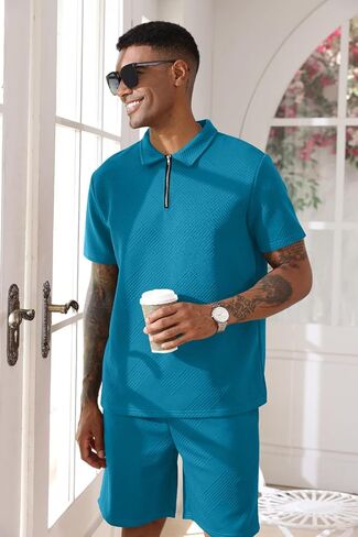Aulemen Mens 2 Piece Zip Tracksuit Short Sleeve Print Polo Shirt and Shorts Sets Summer Outfits for Men in Kuwait