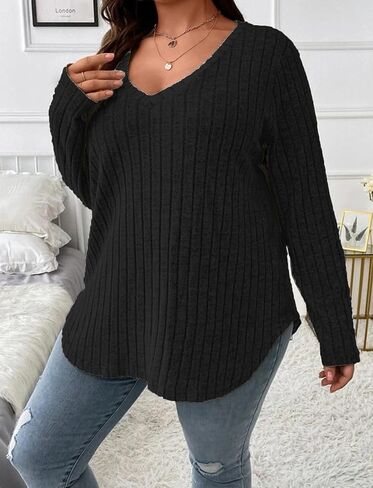 Veeiid Women Plus Size Casual Knit V Neck Lightweight Long Sleeve Sweaters XL-5XL in Kuwait
