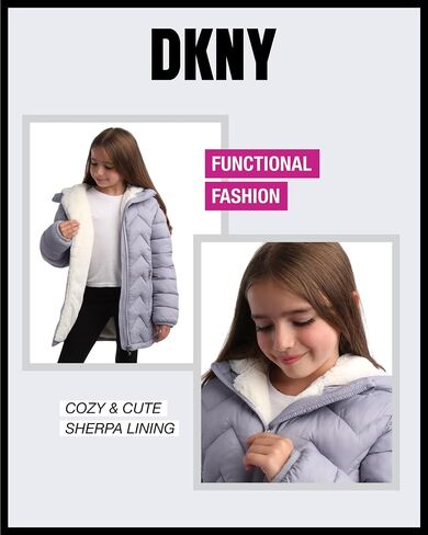 معطف شتوي للفتيات من DKNY - سترة سترة درع جليدي مبطنة بالكامل بصوف الشيربا، وقلنسوة مزخرفة بالفرو (7-16) in Kuwait